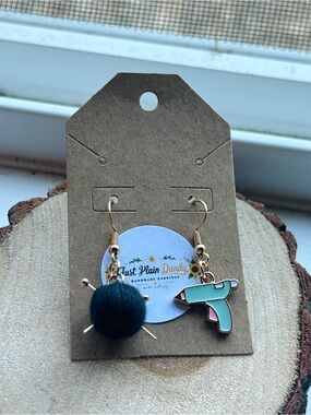 Handmade Yarn Ball & Hot Glue Gun Mismatched Earrings Crochet Knitting Craft